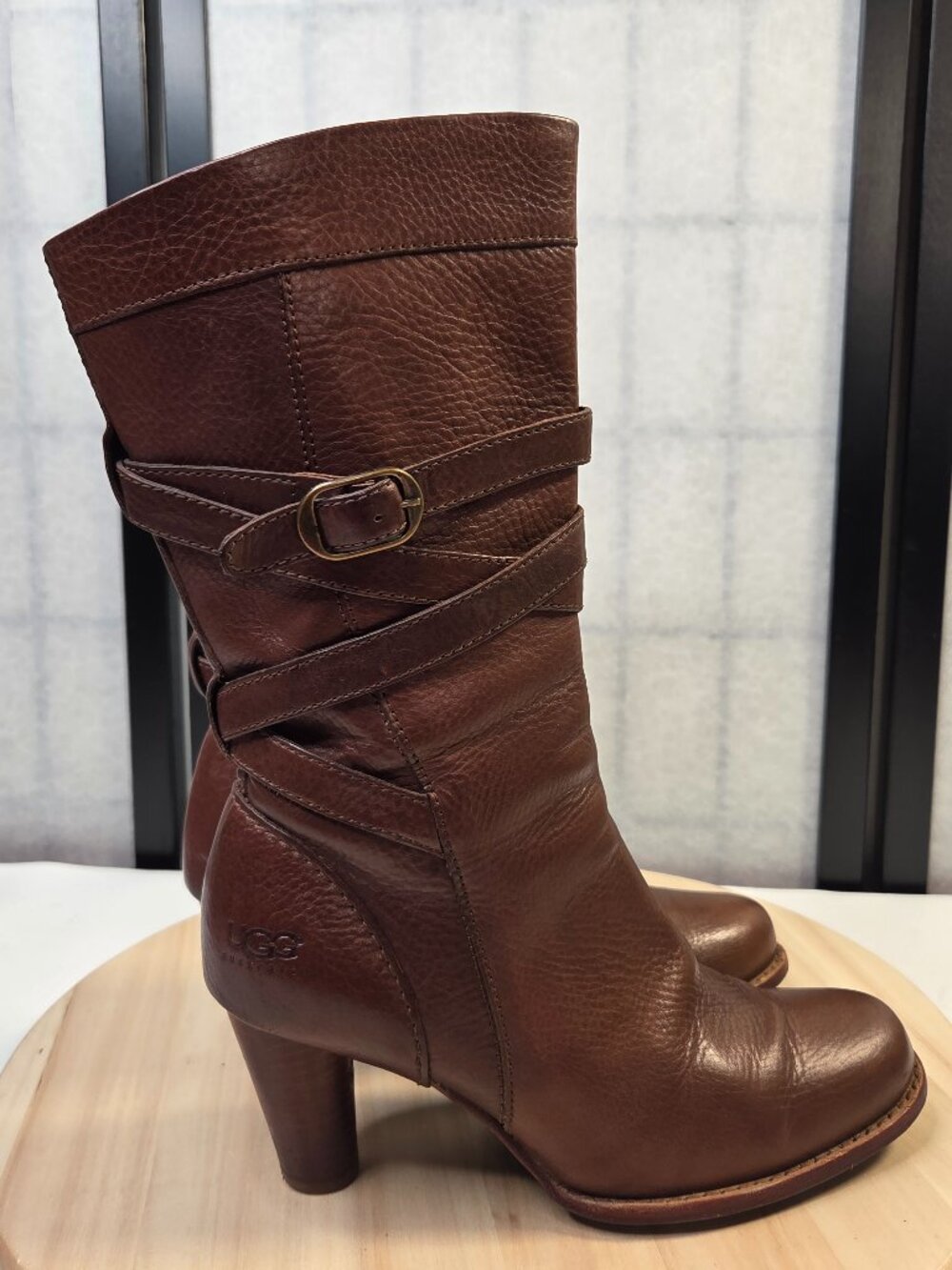 UGG Caroline Brown Leather Moto Straps Heeled Boots Women US 7